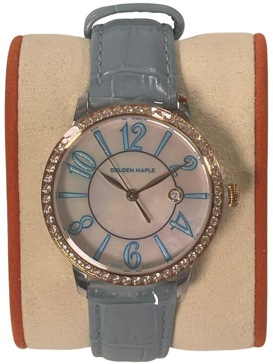 Golden Maple Accessories - Golden Maple Ladies Watch Light Blue Leather Strap Rose Gold Bezel Swiss NEW